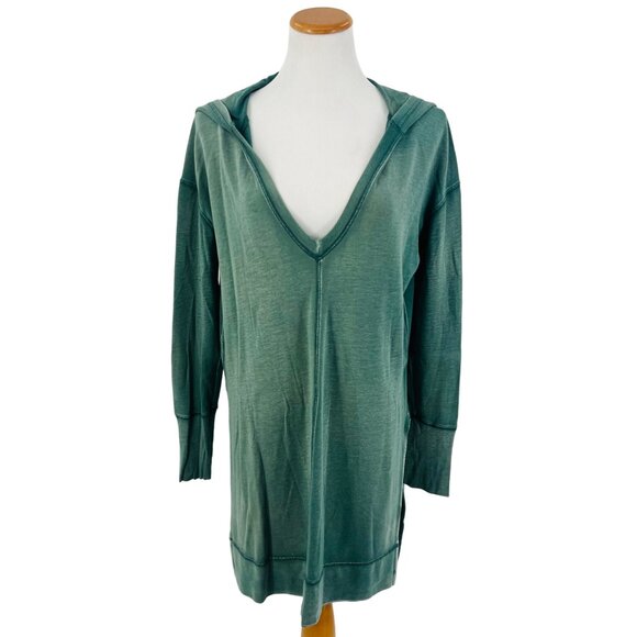 RARE Free People Green Casual Boho Oversized Plunging V-Neck Hooded Tunic Top - Picture 2 of 16